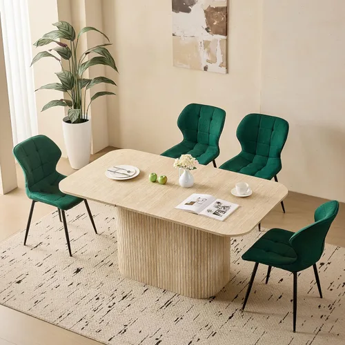 Vista 31 de Juego de 4 mesas de comedor grandes de 63 pulgadas para 4, esquinas redondeadas, mesa de cocina rectangular moderna de madera con sillas Boucle