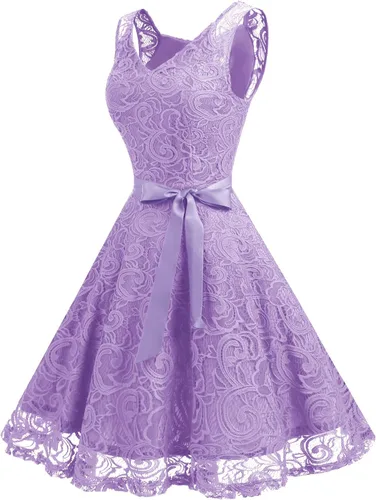 Vista 2 de Dressystar - Vestido de fiesta corto para mujer con encaje floral y cuello en V, ideal para dama de honor y baile de graduación