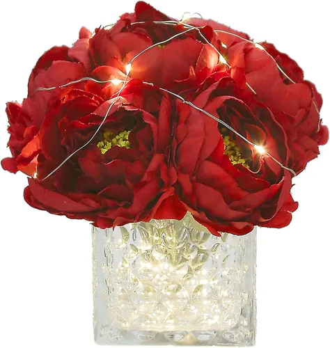 Vista 20 de Ramo de Peonías de Seda Artificial con Centro de Mesa Floral Artificial en Florero de Vidrio para Decoración de Boda en el Hogar (Rojo)