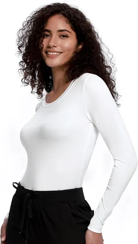 Vista 3 de COZYFIT Underscrub de manga larga para mujer - Blusas de uniforme para enfermeras con cuello redondo y tela suave Blanco