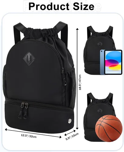 Vista 3 de Mochila de gimnasio con cordón y compartimento para zapatos para hombres y mujeres, bolsa deportiva de cuerda con bolsillo húmedo, bolsa de playa