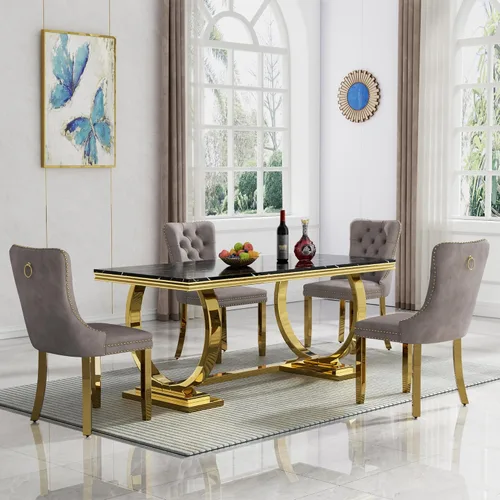 Vista 34 de HomVent Juego de mesa de comedor moderna de mármol sintético para 4 personas, mesa de cocina rectangular con 4 sillas beige (dorado)