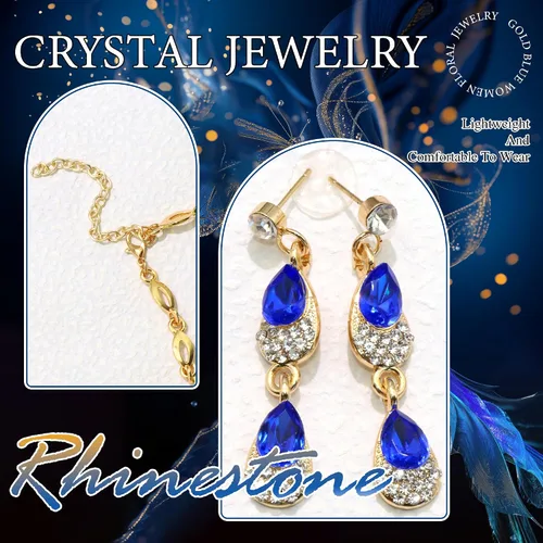 Vista 5 de Gold Blue Jewelry Set Diamond Black Flower Teardrop Necklace Earrings Rhinestone Crystal Wedding Prom Formal Trendy Jewelry Accessories for Brides