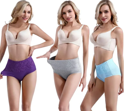 Vista 4 de Ropa interior de algodón para mujer, con control de abdomen, cintura alta, suave, transpirable, cobertura completa, paquete múltiple