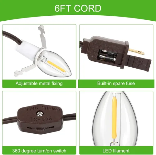 Vista 2 de Macarrie Paquete de 6 accesorios con una bombilla LED de 6 pies, cable de bombilla individual de pueblo navideño con interruptor