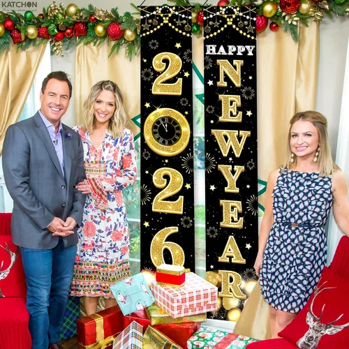 Vista 6 de KatchOn XtraLarge Pancarta de Feliz Año Nuevo 2026 – 72 x 12 pulgadas Pancarta de puerta de Feliz Año Nuevo negra y dorada para decoraciones