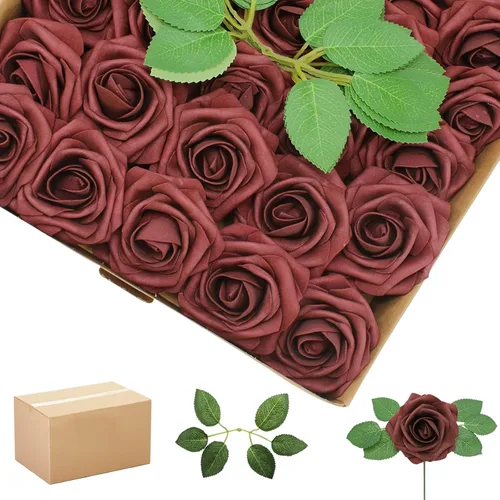 Vista 54 de 25 rosas realistas negras, flores artificiales de espuma de látex con tallos flexibles y 8 hojas para decoración de bodas, hogar y fiestas Negro