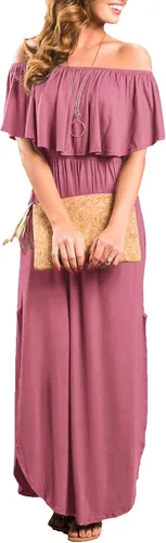 Vista 2 de Sarin Mathews - Vestido de fiesta para mujer, estilo casual largo hasta los tobillos, con volantes, hombros descubiertos, abertura lateral