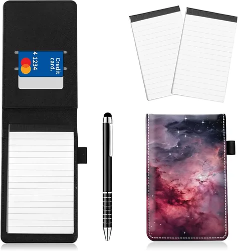 Vista 27 de Juego de 4 soportes para bloc de notas de tamaño de bolsillo, de piel sintética, mini bloc de notas con 2 bloc de notas pequeños y lápiz capacitivo