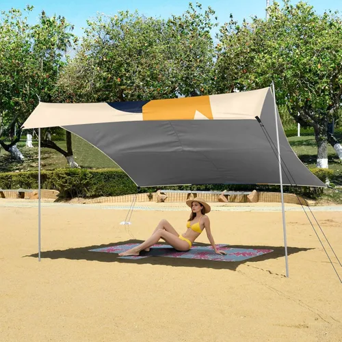 Vista 6 de Queen Cream Beach Cabana Tent UPF50+ Fácil instalación parasol grande con pala de arena para viajes familiares, picnics y campamentos