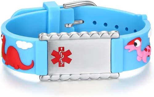 Vista 13 de LinnaLove Medical Alert ID Bracelet – Custom or Pre-Engraved, QR Code Available,Blue Dinosaur Band