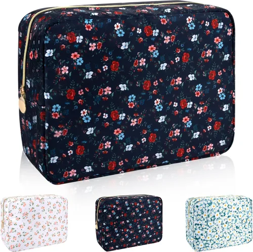 Vista 23 de Iqimott Bolsa Grande de Maquillaje de Nylon, Neceser de Viaje, Bolsa Grande de Cosméticos Preppy, Organizador de Maquillaje de Nylon, Bolsa de Beige