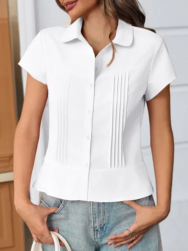 Vista 2 de Cicy Bell Camisas de manga corta con botones para mujer, plisadas, ajustadas, blusas casuales de verano, Blanco