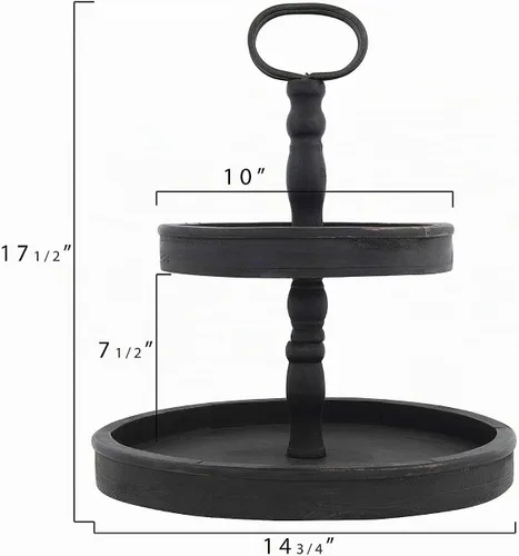 Vista 2 de Creative Co-Op Bandeja de 2 niveles de madera ennegrecida envejecida con mango de metal Negro