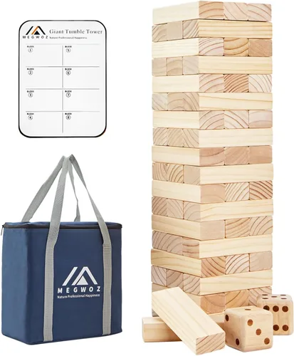 Vista 10 de Megwoz Juegos de torre de caída mediana para niños y adultos, 66 bloques de madera de pino de Nueva Zelanda apilados a 3.5 pies, juegos familiares