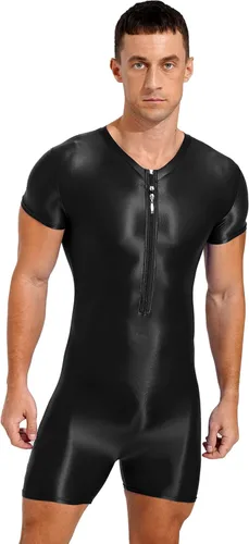 Vista 3 de YiZYiF Traje de baño brillante de una sola pieza para hombre, traje de baño con cremallera, leotardo deportivo