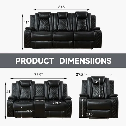 Vista 2 de Juego de sofá reclinable eléctrico, sofás reclinables de cuero negro, 3 piezas de sofá reclinable de cuero de aire y silla de dos plazas con luces