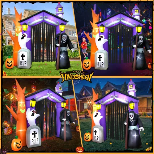 Vista 2 de Inflables de Halloween de 9 pies para decoración de castillo embrujado con luz LED, inflables de Halloween para exteriores, inflables