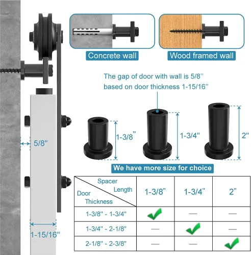 Vista 3 de ZEKOO Juego de 8 piezas de accesorios para puertas correderas de granero de 1-3/4 pulgadas, espaciadores de riel, kit de conexión, conector de acero