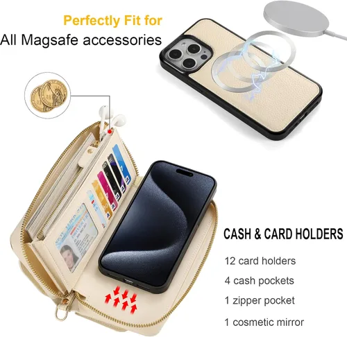 Vista 4 de Funda tipo cartera cruzada para iPhone 16 Pro de 6.3", funda magnética desmontable de piel sintética floral con tarjetero con bloqueo RFID, pulsera