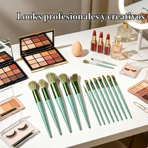Vista 7 de Brochas de maquillaje, juego de brochas de maquillaje, 13 piezas de brochas de maquillaje para base, corrector para cejas, sombras de ojos, polvo