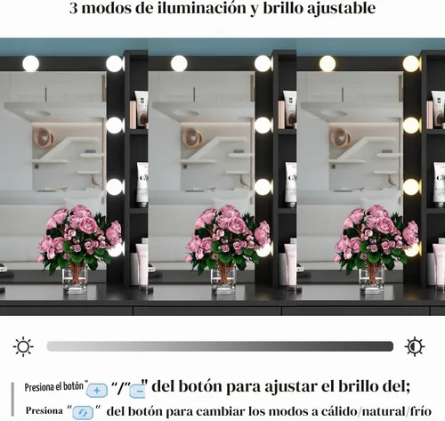 Vista 4 de Loomie Escritorio de tocador con espejo iluminado y toma de corriente, mesa de tocador de maquillaje con 6 cajones, estante de 3 niveles, cómoda