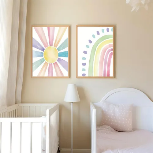 Vista 8 de 6 piezas de arte de pared rosa con diseño de arcoíris boho, patrón de corazón colorido, póster impreso, imágenes en lienzo para poder de niña