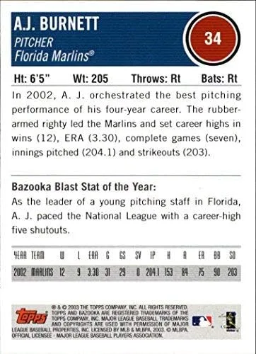 Vista 2 de 2003 Topps Bazooka #34 A.J. Burnett MLB Baseball Trading Card