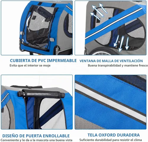 Vista 2 de PEXMOR Remolque de bicicleta para perros, carrito plegable para mascotas, carrito de remolque para bicicleta, carrito de carga con enganche Azul