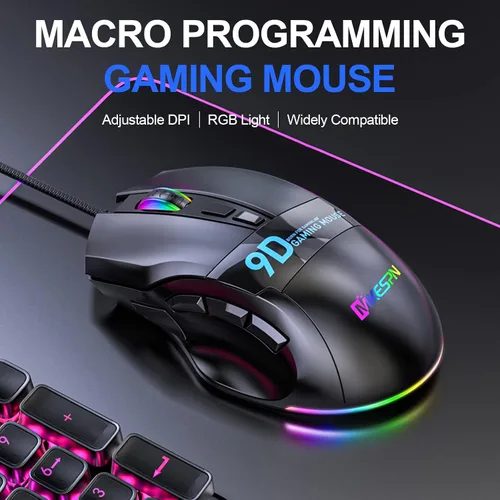 Vista 2 de VEGCOO Ratón para juegos con cable, mouse de clic silencioso con reposamuñecas, luz LED RGB de 6 niveles ajustables DPI programable