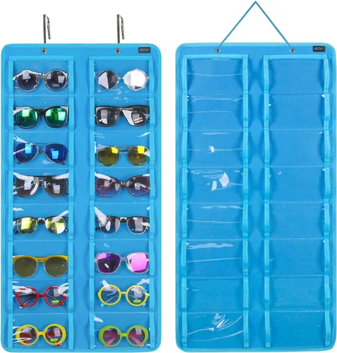 Vista 12 de AROUY Organizador de gafas de sol, organizador de gafas con bolsillo para colgar en la pared - Organizador de gafas de sol con 16 ranuras de fieltro