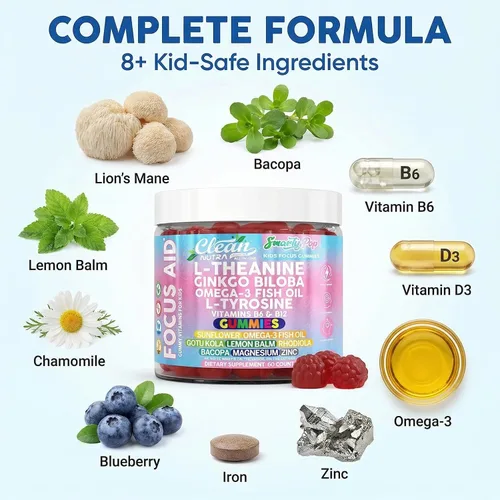 Vista 4 de Clean Nutra Kids Focus - Gomitas con L-teanina, ginkgo biloba, aceite de pescado omega-3, L-tirosina, vitamina B6, B12-60 unidades, etiqueta limpia