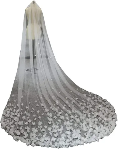 Vista 3 de Velo de novia largo de novia con flores 3D, encaje floral, velo de lujo blanco para novia con peine catedral de boda