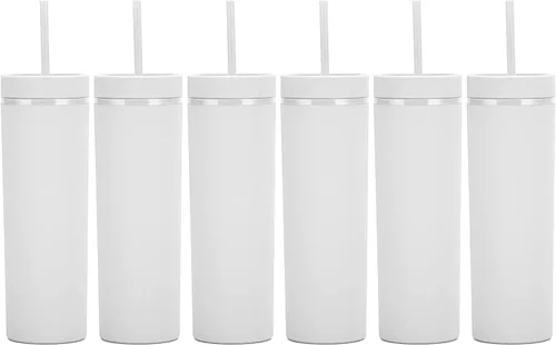 Vista 10 de Vasos negros mate con tapas y popotes. Vasos delgados de 16 onzas a granel. Vasos acrílicos de plástico de doble pared pastel para batidos de café