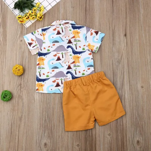 Vista 28 de Conjunto de camisa de manga corta con botones y pantalones cortos casuales con diseño de flamingo, para bebés y niños de 1 a 6 años, atuendos
