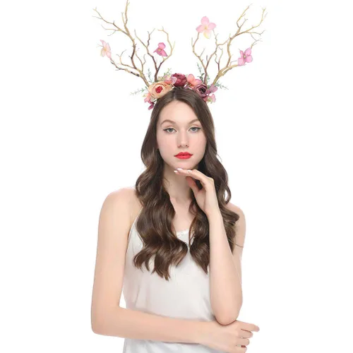 Vista 7 de Minkissy Diadema de cornamenta de ciervo, diadema de cuernos de reno de Navidad, diadema de ramas de árbol, tocado para el cabello, accesorios