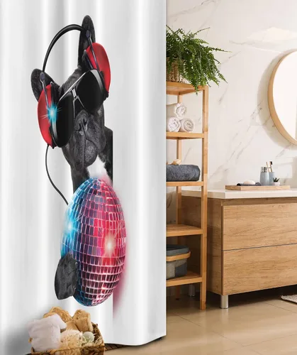 Vista 17 de set de cortina para baño decorativa de tela de poliéster con ganchos