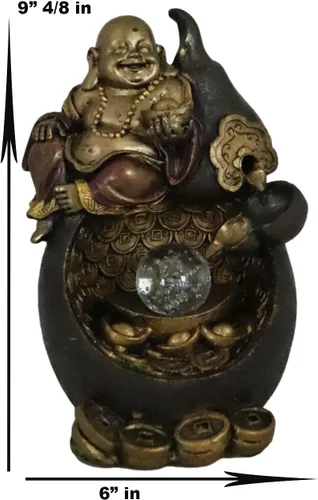 Vista 2 de Ebros Matreiya Laughing Buddha Hotei Sosteniendo lingote de oro sentado en cono gigante de calabaza de vino con cono de reflujo de fondo, estatua