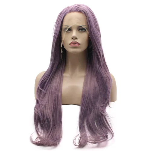 Vista 3 de Lushy Peluca de cabello sintético con encaje frontal, ondulada, larga, de 26 pulgadas, mezcla morada, peluca de densidad completa, resistente al