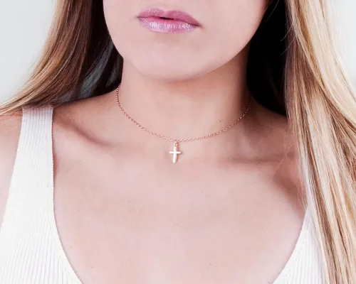 Vista 24 de Collar de cruz de oro para mujer, collares con colgante de cruz minimalista, longitud de 16 a 18 pulgadas, joyería cristiana hecha a mano, regalo