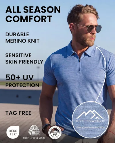 Vista 4 de 100% Merino Wool Polo Shirt Men - Quarter Zip Long and Short Sleeve Black