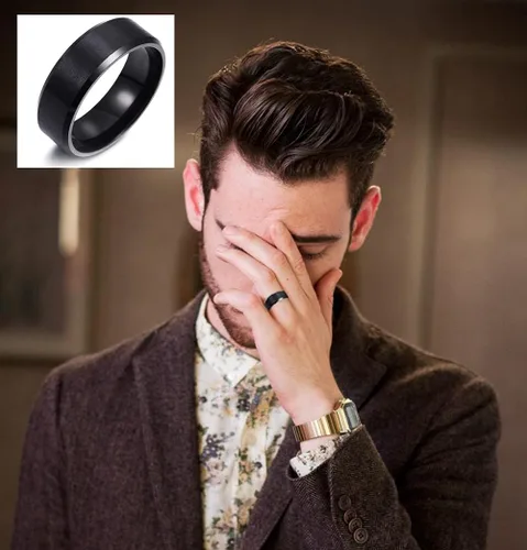 Vista 6 de MOZAKA Juego de 4 anillos de acero inoxidable con sello negro sólido para hombre, pulido mate con bordes ranurados cubanos, tamaño 7-12