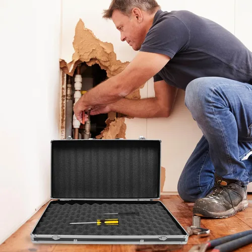 Vista 8 de Yardwe Caja de aluminio Caja de herramientas portátil Estuche rígido con espuma protege herramientas electrónicas Instrumentos de prueba Cámaras
