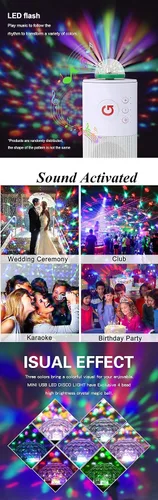Vista 6 de Luces USB para fiesta, mini bola de discoteca, pequeña bola mágica, control de sonido, luz de escenario de DJ, lámpara estroboscópica RGB colorida