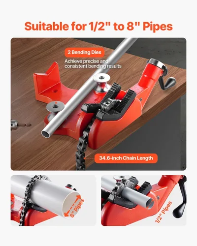 Vista 2 de VEVOR Mordaza de cadena de tubo resistente, capacidad de tubo de 1/2" a 8", cadena robusta de 34.6" y base de hierro fundido, sujeción de tubo