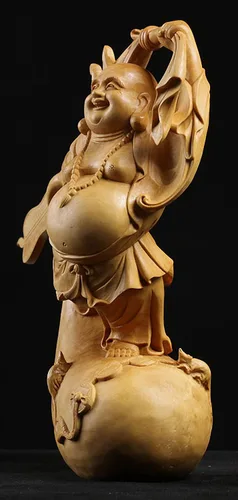 Vista 4 de Estatua de Buda Maitreya Maitreya tallada a mano de boj natural (ventilador de bolsa de tela)