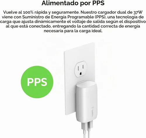 Vista 3 de Belkin Bloque de cargador USB C y USB A de 37 W, carga rápida PPS