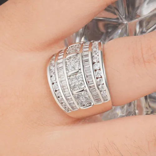 Vista 6 de Anillos de boda anchos para mujer, AAAAA, circonita cúbica, compromiso, eternidad, apilables, oro blanco, talla 5-10