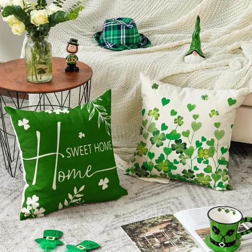 Vista 4 de AVOIN colorlife ST Patricks Day Home Sweet Home - Juego de 4 fundas de almohada con diseño de tréboles, 16 x 16 pulgadas, diseño de trébol