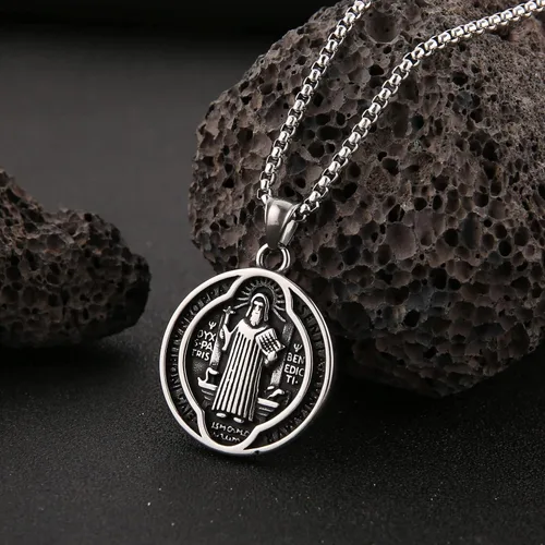 Vista 3 de HZMAN Collar con medalla de San Benito para hombres y mujeres, de acero inoxidable, colgante de cruz católica romana, protección contra exorcismo